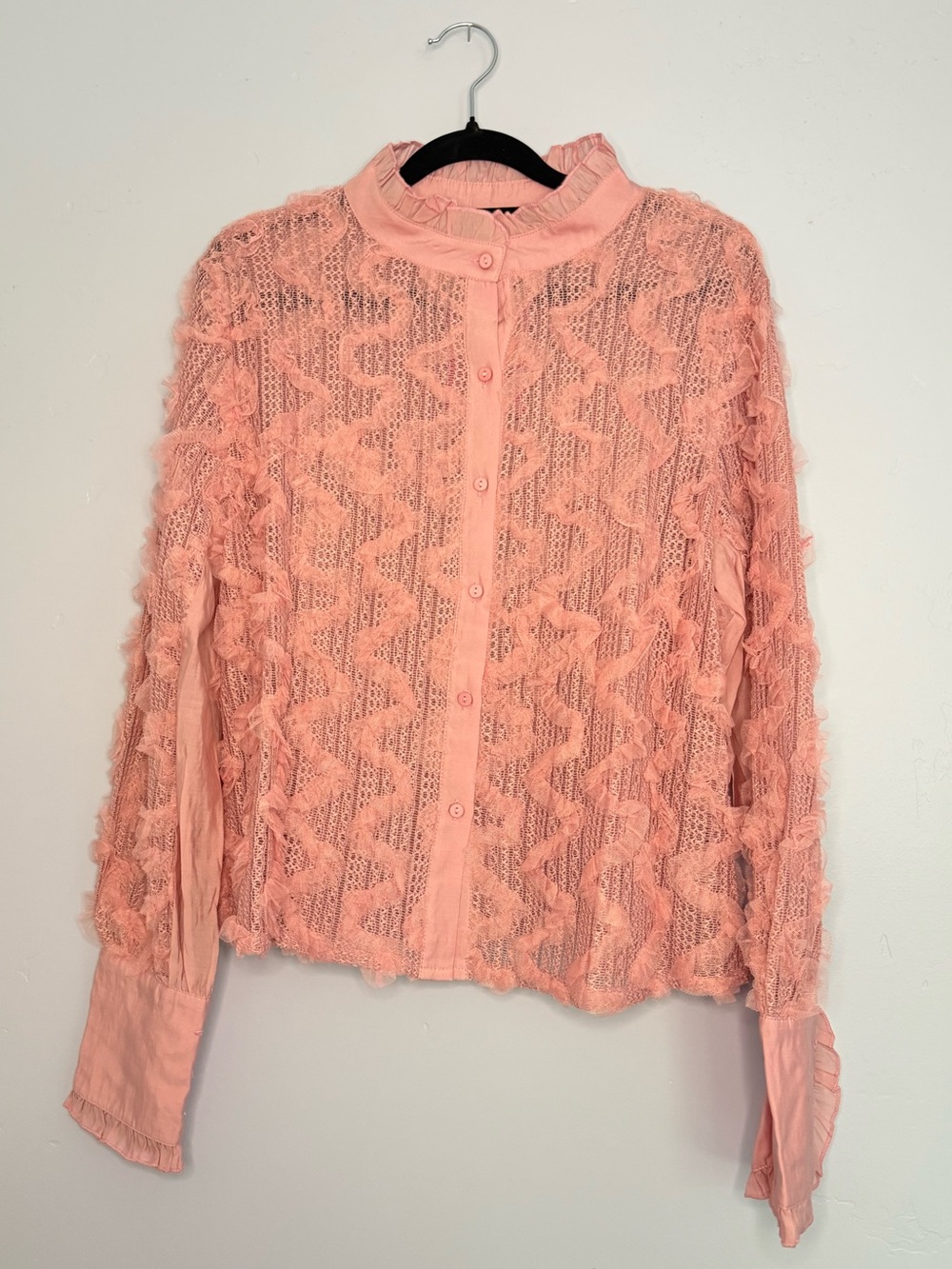Pink Textured Ruffle Button-Front Blouse - Picture 2 of 7